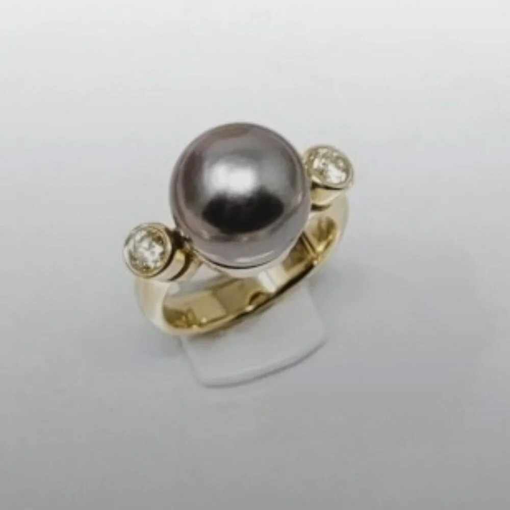 Vintage 14K Gold 12.2mm Black Cultured Pearl & 0.45ct Diamond Ring - Size 7.5